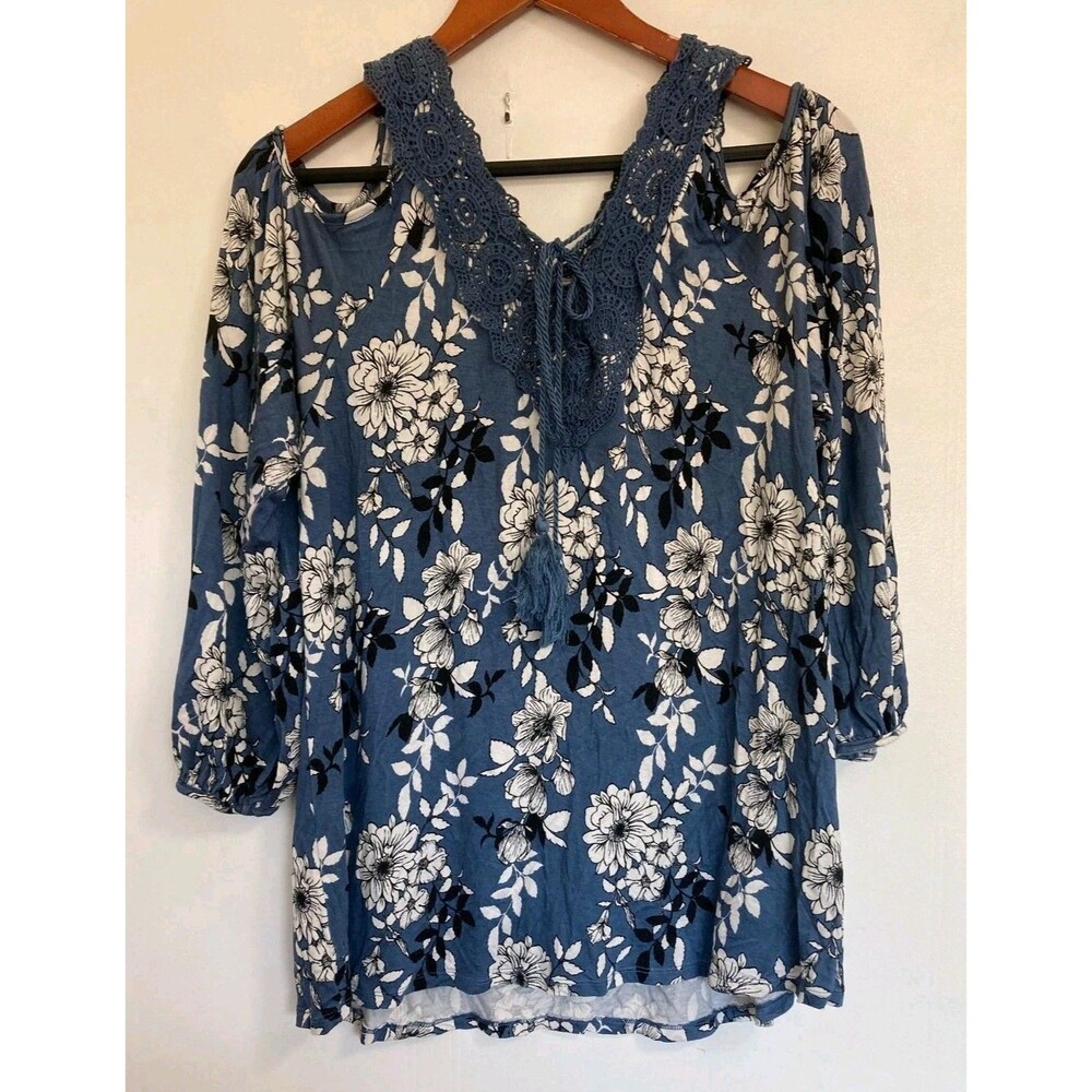 Womens Blouse L Top Blue Boho Floral Peasant Fairy Festival Indie Cottagecore